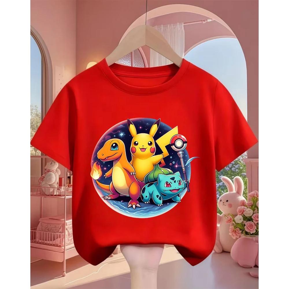 Crew Neck Cute Pikachu T Shirt 3-14Y Boys Girls Summer Kawaii Fashion Street Hot Cartoon Casual Children