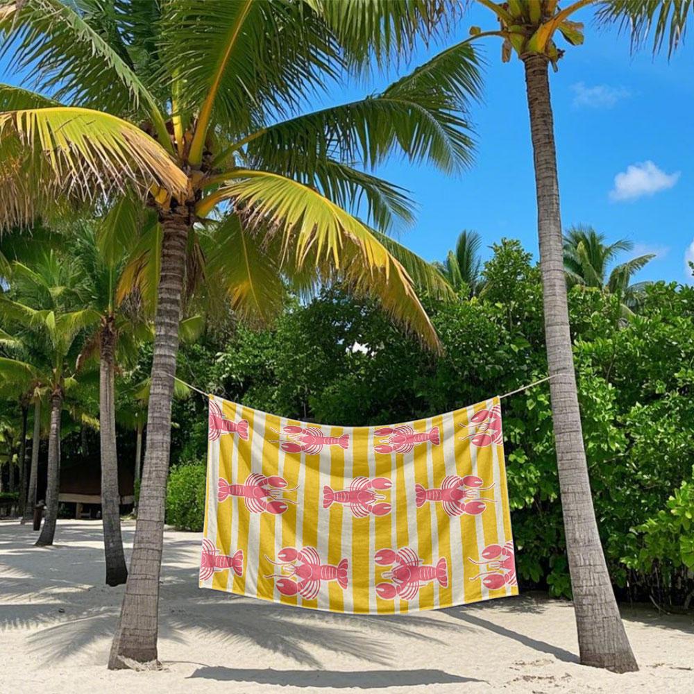 Nautical Lobster Stripes Yellow Quick Drying Bath Towel Microfiber beach towel light weight swimming camping yoga beach out