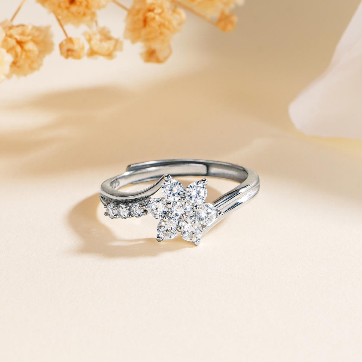 Tichya S925 Sterling Silver Star & Zirconia Flower Adjustable Ring Open Adjustable