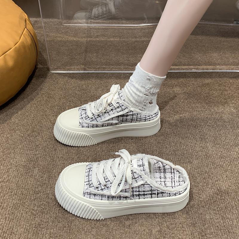 New Fashion Women's Thick Slippers with Baotou Women's Summer Outfit Spring and Autumn Slip-on White Canvas Shoes Zapatos Mujer