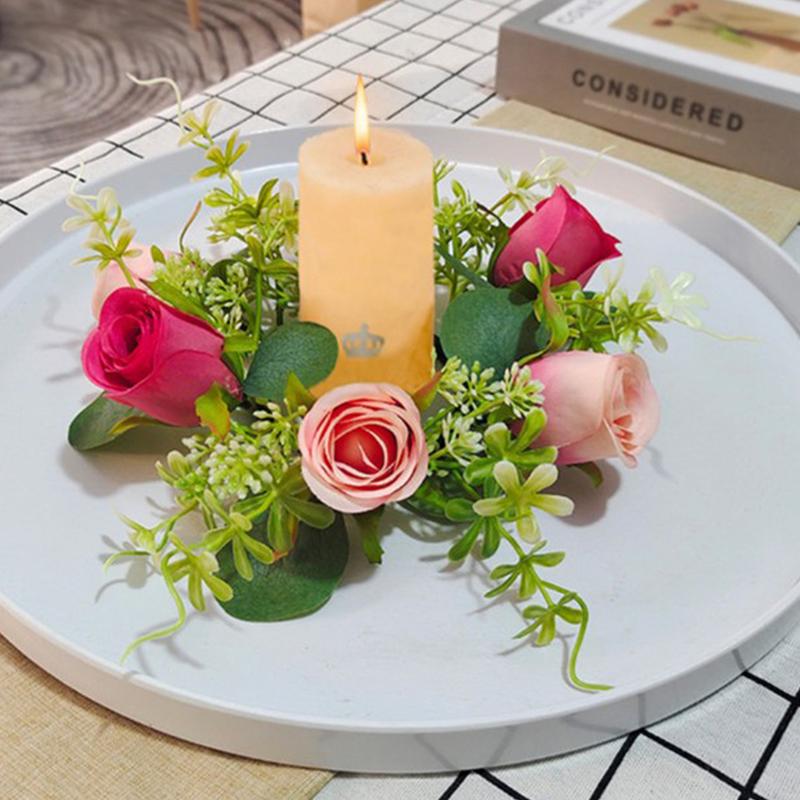 

1Pcs Candle Rings Candlestick Wreath European Artificial Rose Ornaments Christmas New Year Party Window Props Table Decoration