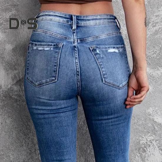 Hoch taillierte Schlaghosenjeans für Damen, zerrissene Bootcut-Schlagjeans, elastische Jeanshose für Frühling und Sommer