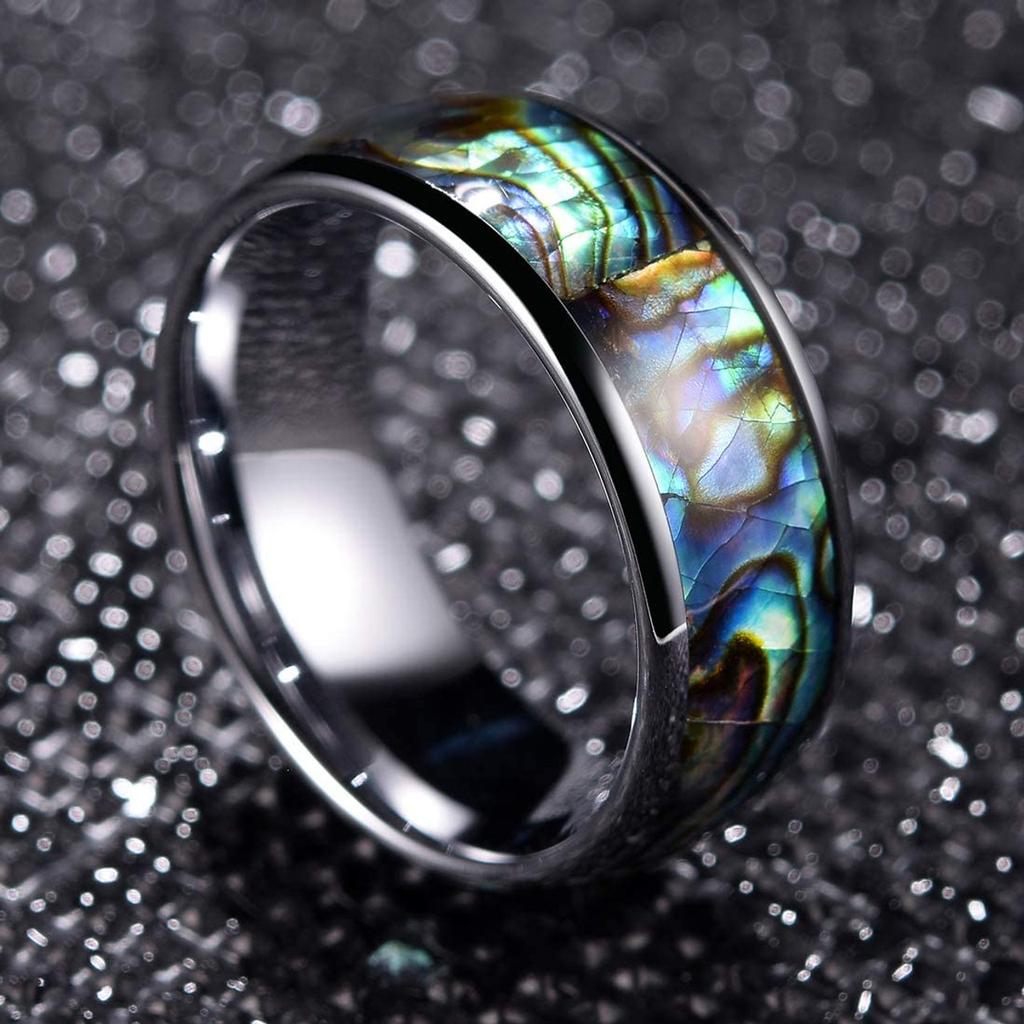Fashion Men Stainless Steel Rings Inlay Rainbow Abalone Shell Rings For Men Women Wedding Engagement Band Jewelry