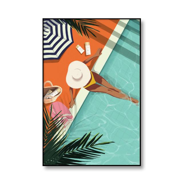 Cartoon Swimming Pool Summer Seaside Vacation Illustration Canvas Painting Wall Art Poster Print Picture Living Room Home Decor