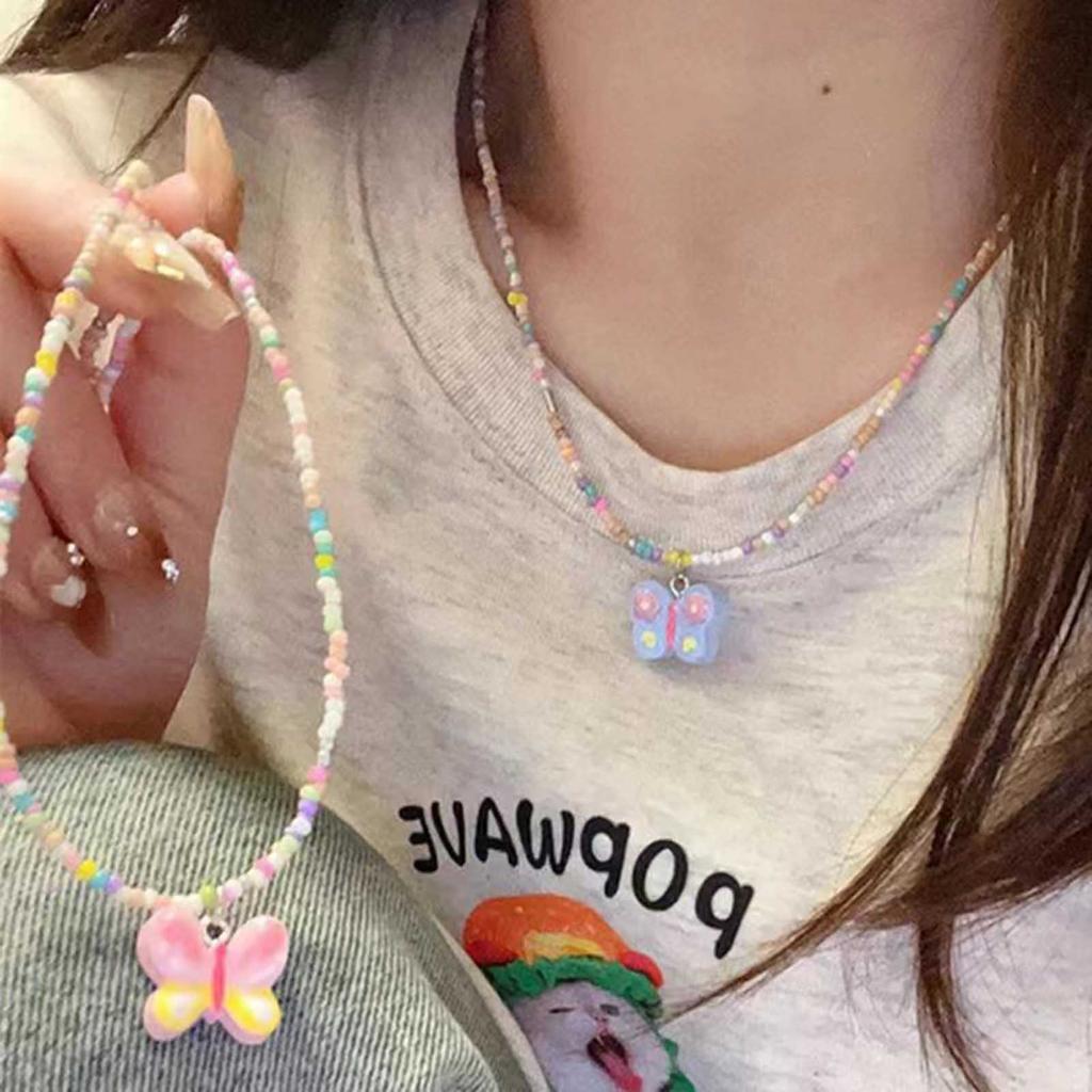 Summer Dopamine Colorful Beaded Butterfly Necklace for Women Sweet and Cute Girly Heart Clavicle Chain Simple Versatile Necklace
