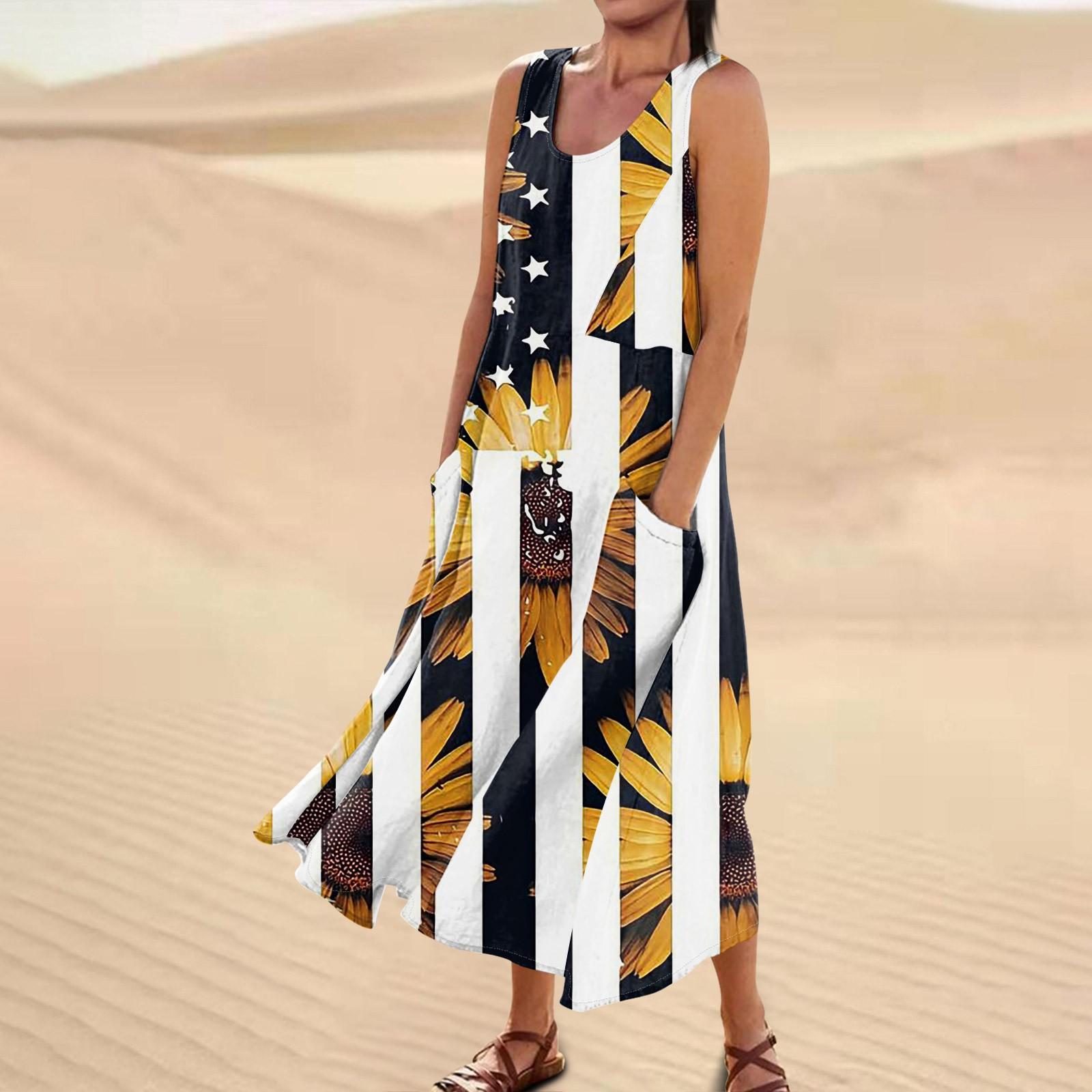 

Жіноча повсякденна зручна бавовняна сукня з кишенями без рукавів до Дня незалежності XL жовтий