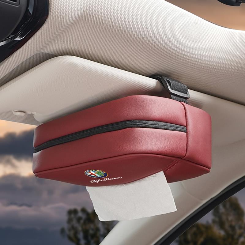YUPR7 Car Tissue Box Holder Leather Car Armrest Napkin Case Sun Visor Backseat Bag For Alfa Romeo 4C 159 166 Spider Giulia 156 147 GT
