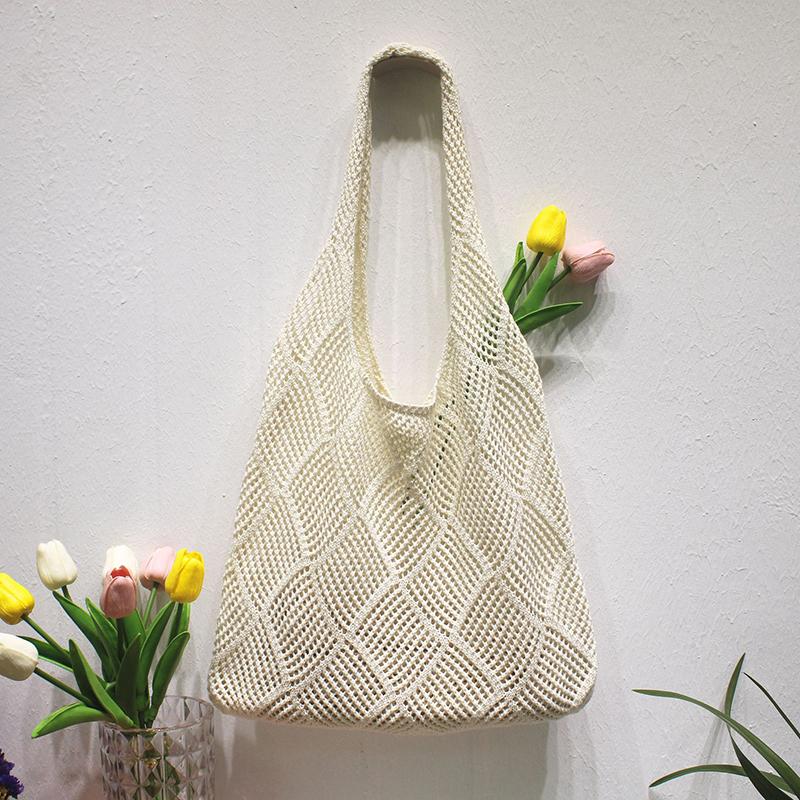 Sommer Strand Damen Schultertasche Häkelhandtasche Gestrickte Hohle Tragetasche Für Mädchen Frauen Einfarbig Vielseitige Einkaufstaschen