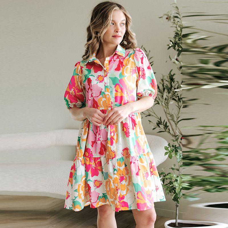 

2025 Summer New Arrival Florals Print Puff Sleeve Dress Women s Fashion Cute Age-Reducing High Waist Knee-Length Skirt Women Pink Size S fit (45.00 kg-55.00 kg