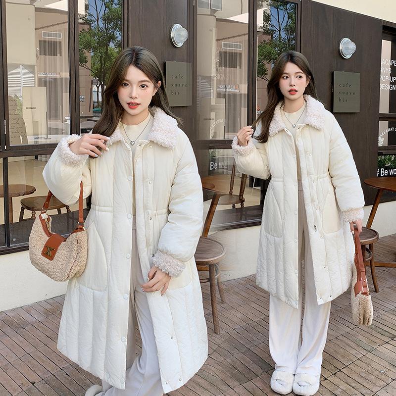 2025 New Lamb Wool Collar Waist Women's Long Down Cotton Clothes Solid Color Single-breasted Loose Coat