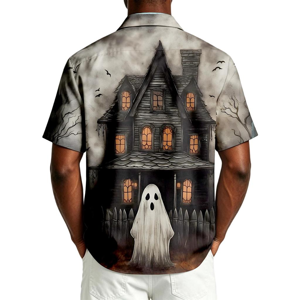 Men's Casual Short Sleeve Button Down Shirt Halloween Themed Printed Top Lightweight Breathable Fabric Relaxed Fit