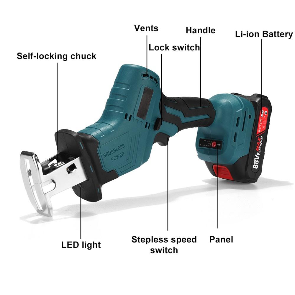 Brushless Electric Reciprocating Saw Variable Speed Cordless Metal Woodworking Cutting Power Tool