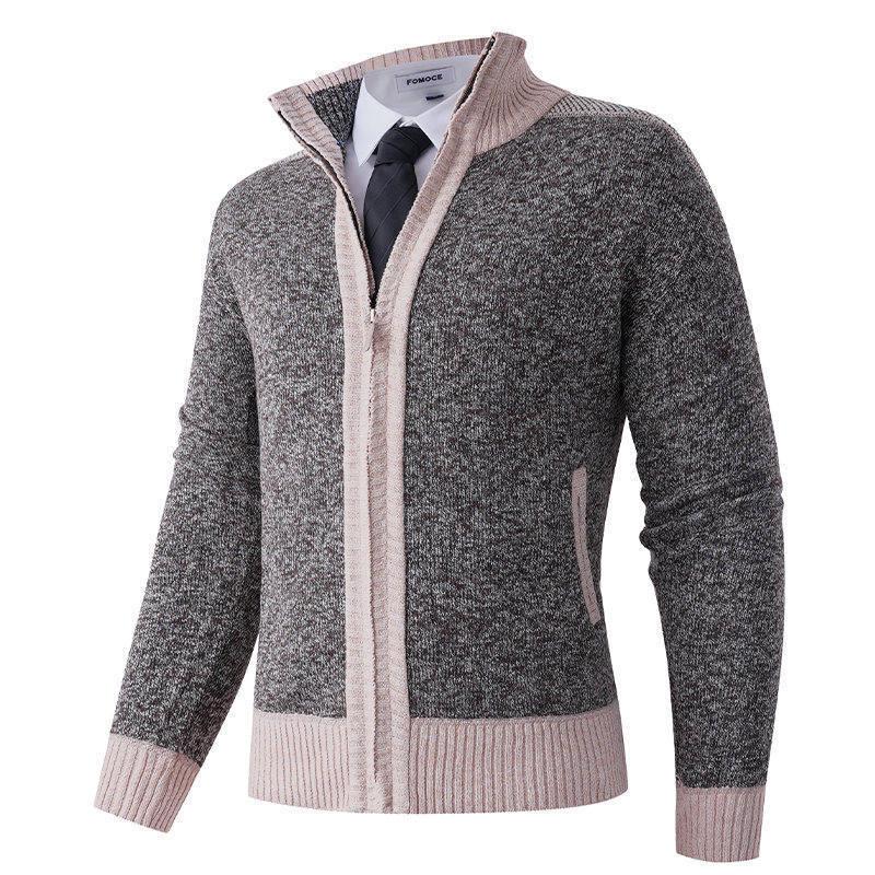 2025 Men's Solid Color Knit Zipper Cardigan - Thick Plus Velvet Coat for Autumn & Winter