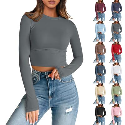 Camiseta de Moda para Mujer Cuello Redondo Básica Ajustada Color Manga Larga