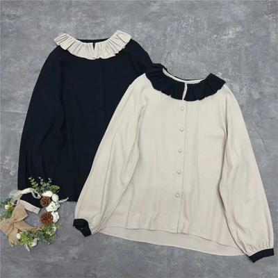 Camicie da Donna con Colletto a Volant Primavera Casual Patchwork Color Block Cotone Largo Semplice Bluse Top da Donna