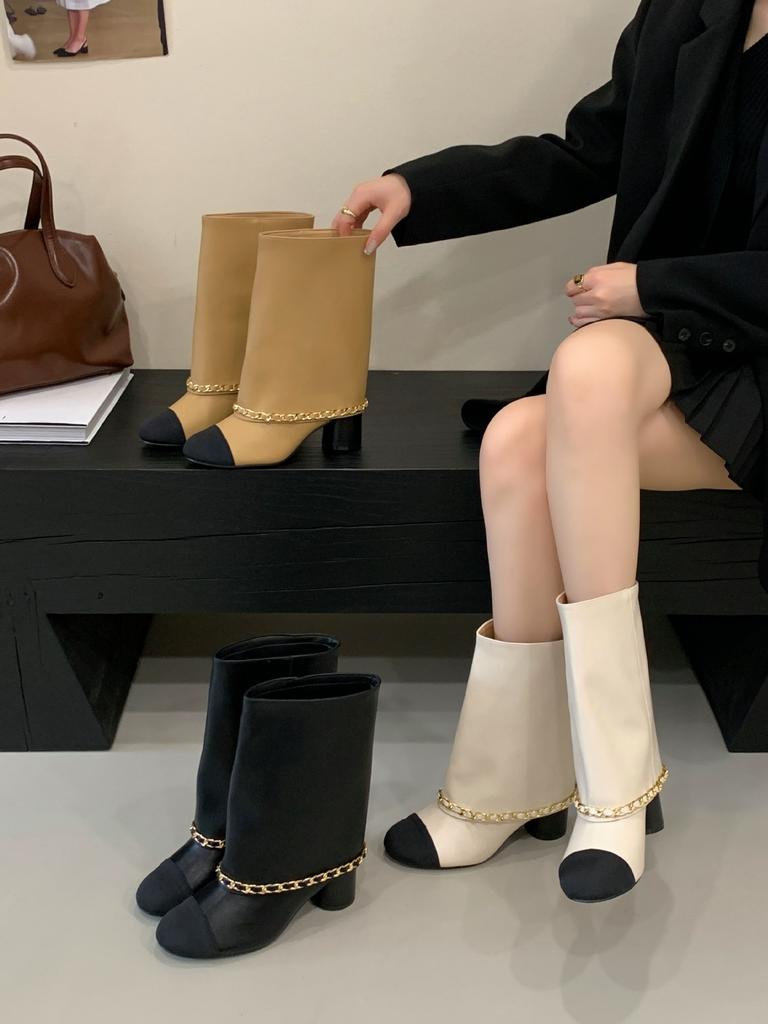 Round head color matching knight boots autumn 2025 new temperament thick heel tube pants tube boots women