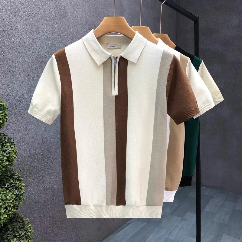 Half Zip Western-style Ice Silk Thin Short Sleeved Sweater Men Summer Cool Knit T-shirt Men Mens Polo Shirt