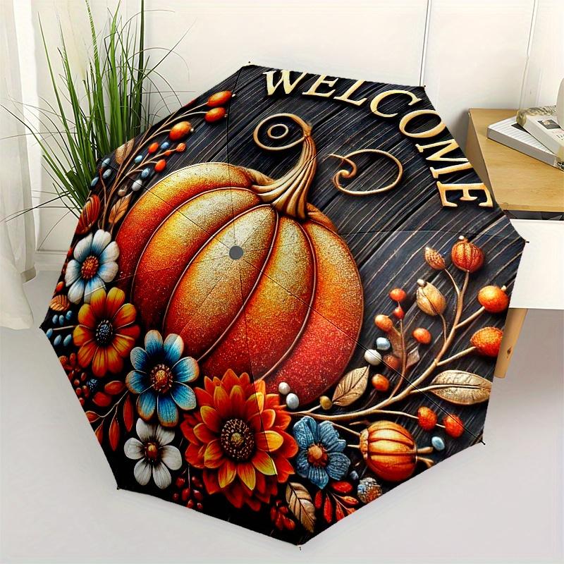 Autumn Pumpkin Welcome Sign with Flowers andBerriesUmbrella, Portable 3-Fold Compact Umbrella for Men & Women Gift