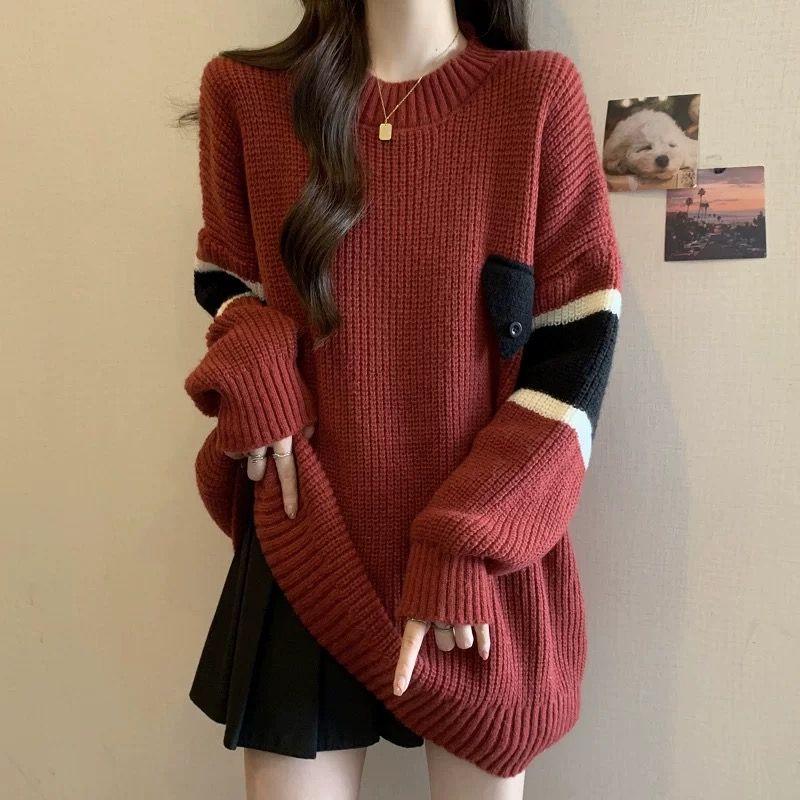 Frühling Herbst Neu Lässiger Stil Mode Farbblockdesign Lässiger Pullover Damen Mittelang Gestricktes Oberteil Trendig