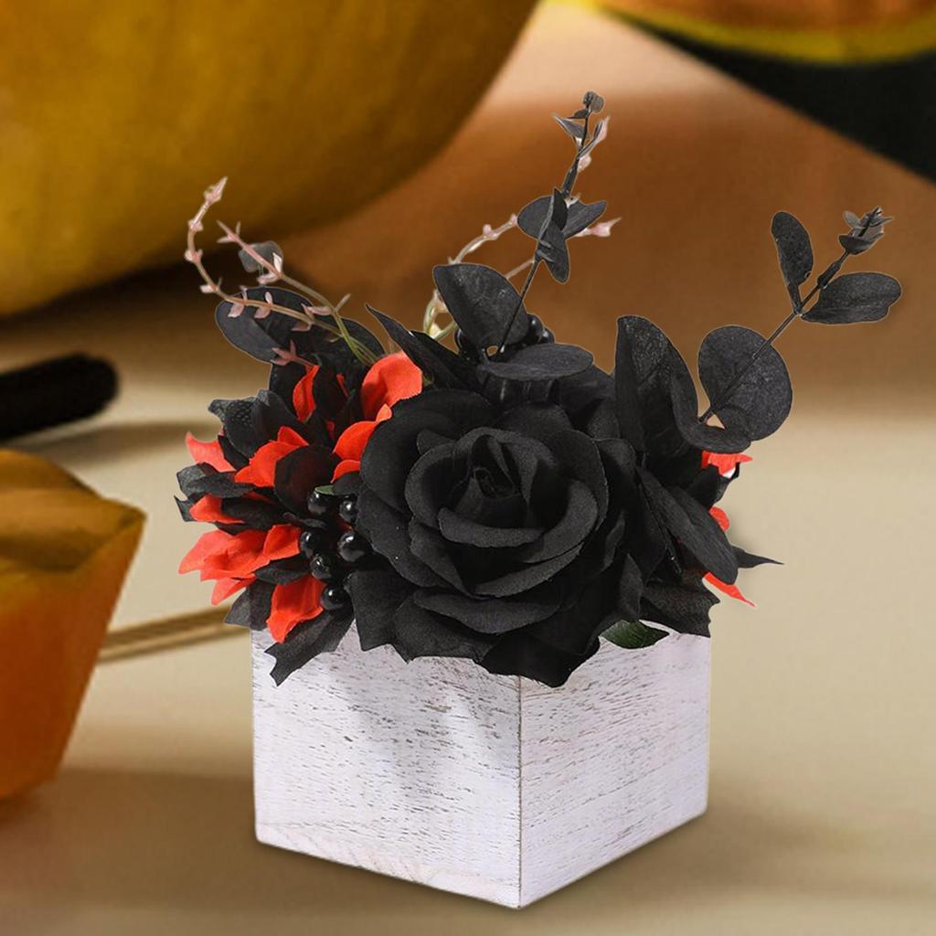 Artificial Bouquet with Wooden Vase Halloween Flower Wooden Box Black Artificial Flowers Bouquet Fake Flower Decoration