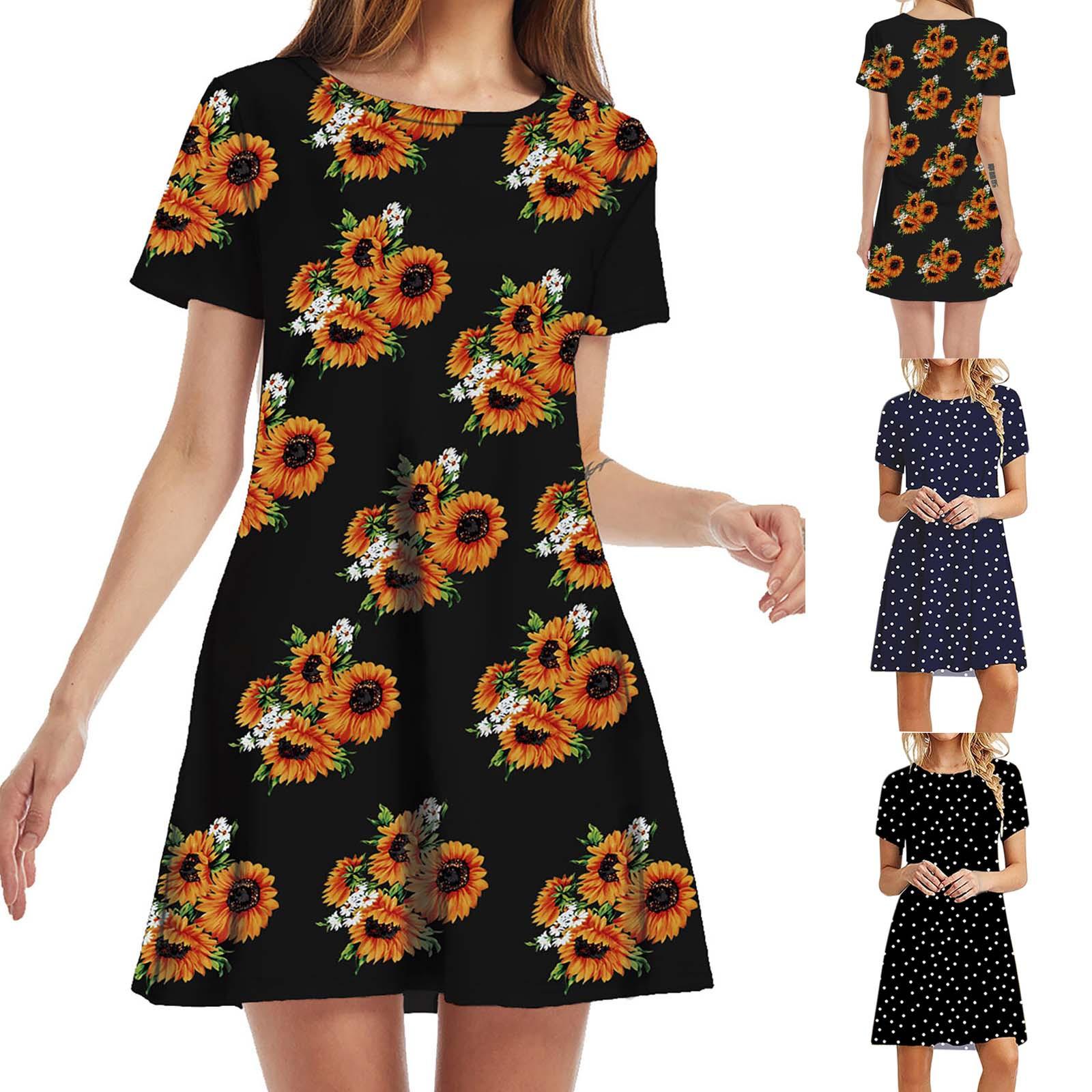 

Модное женское повседневное свободное мини-платье с коротким рукавом и принтом