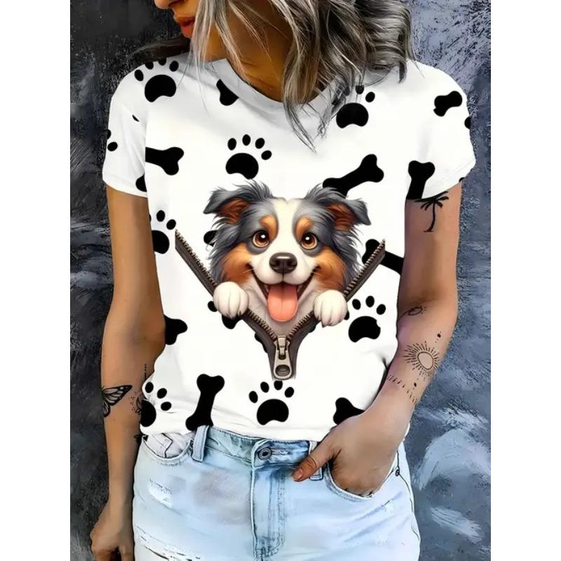 Sommer Rund Hals 3D Dyreprint Topp Moteable Casual Kortarmet Dame T-skjorter