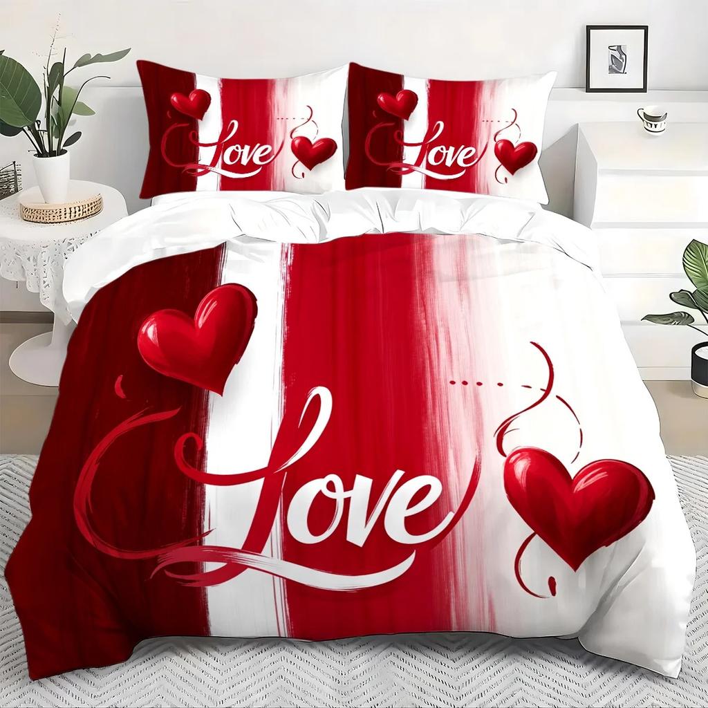 Valentine'S Day Duvet Cover Set Romantic Red Love Heart King Queen Twin Single Size 228X228 For Couple Bedroom Decor Gift