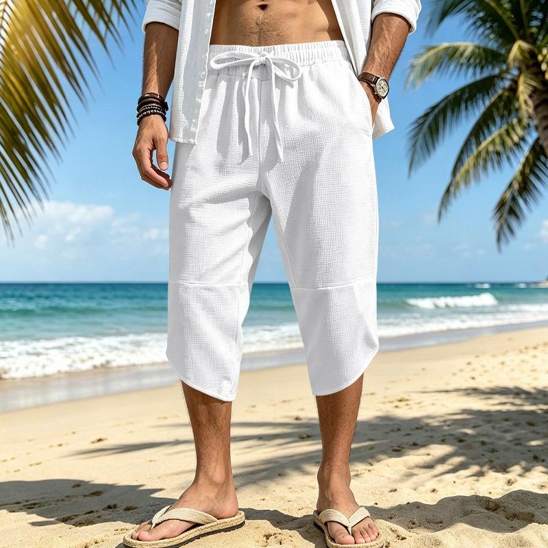 Mens Summer Beach Casual Waffle Knit Loose 3 4 Shorts