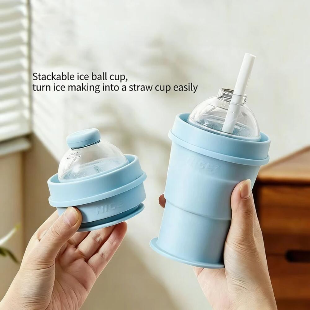 2 In 1 Foldable Silicone Ice Ball Maker Drinking Cup Build-in Straw Ice Ball Mold Travel Mug Portable for Juice &Cocktails Summer Kitchen Tools
