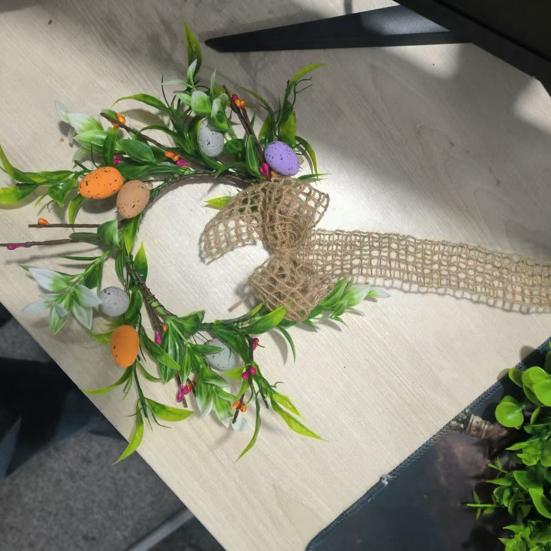 Small Easter Egg Wreath for Front Door Artificial Spring Colorful Eggs Wreath Farmhouse Hanging Kitchen Cabinet Wreath with Ribbon