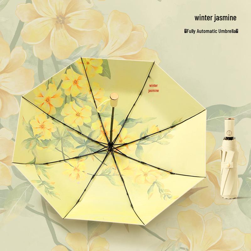 Dreilagiger floraler Automatikschirm mit UV-Schutz, doppelt verwendbar für Sonne und Regen, Digitaldruck mit passendem Griff - Auf Lager