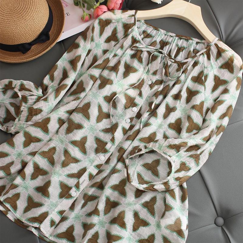 Printed Patchwork Retro Shirt for Women Summer New Style Loose and Slimming Lace Up Seven Quarter Sleeve Shirt for Women