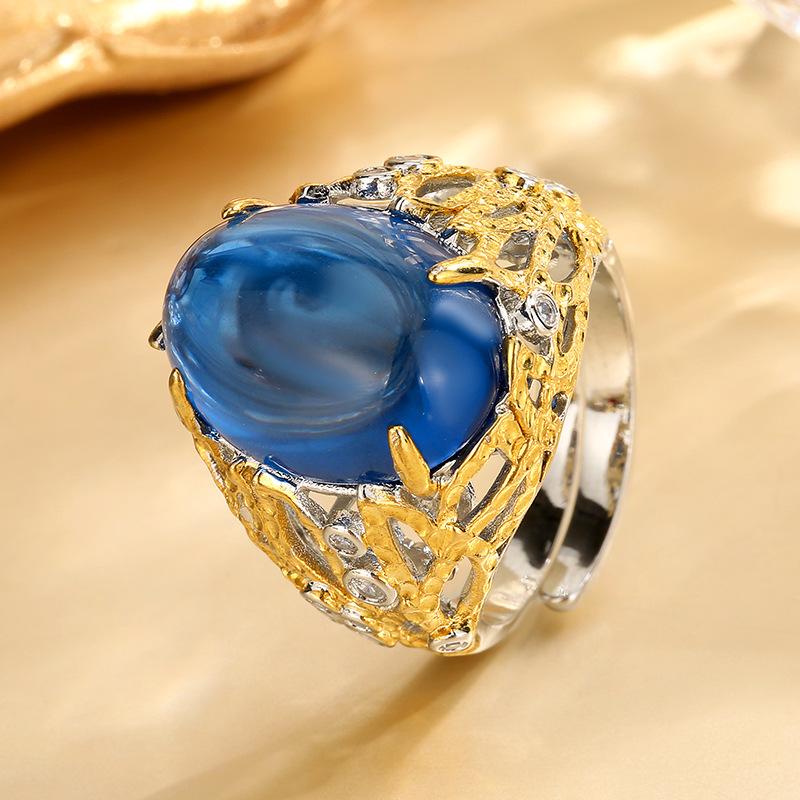 Jewelry Copper Bottom Gold-Plated Imitation Plain Color Treasure Egg-Shaped Hollow Ring Stone 13 * 18