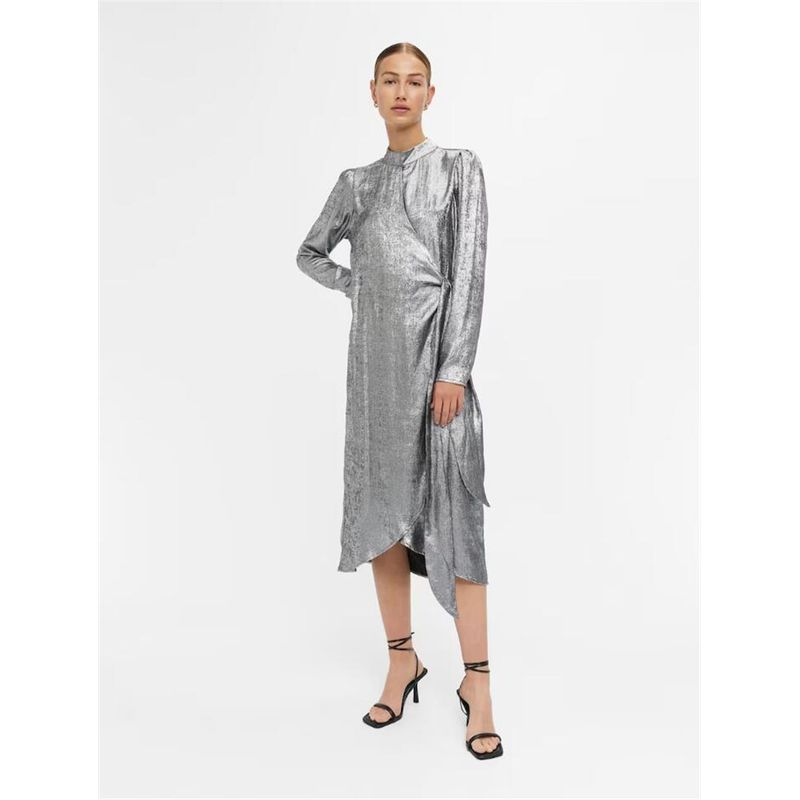 

German Original Light Hot Silver Backless Slit Original Design Half Turtleneck Spring & Fall Ladies Long Dress Silver 40