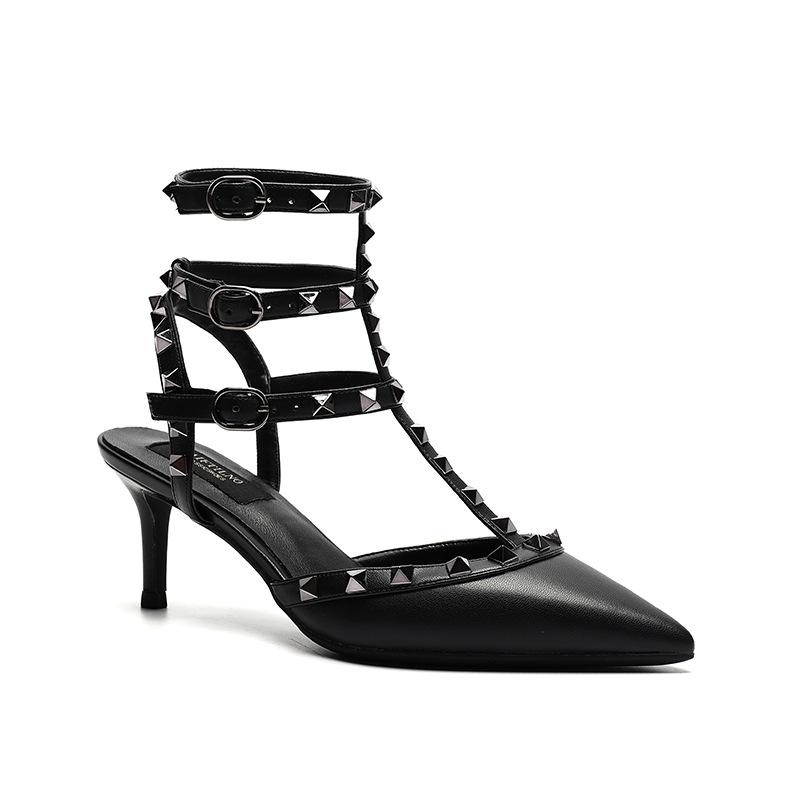 Genuine Leather Summer Women's Gladiator Sandals 2024 New Star Style Luxury Brand Rivet High Heels Designer Women's Pumps 33-41