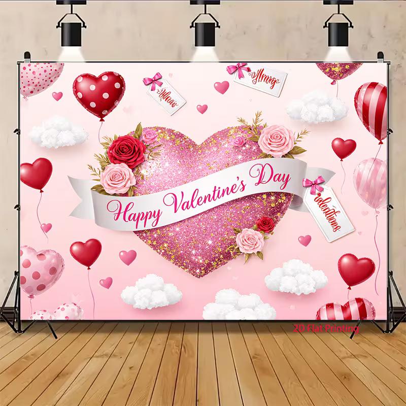 Happy Valentine's Day Tapestry, Pink Glitter Heart Background Cloth, Romantic Party Decor