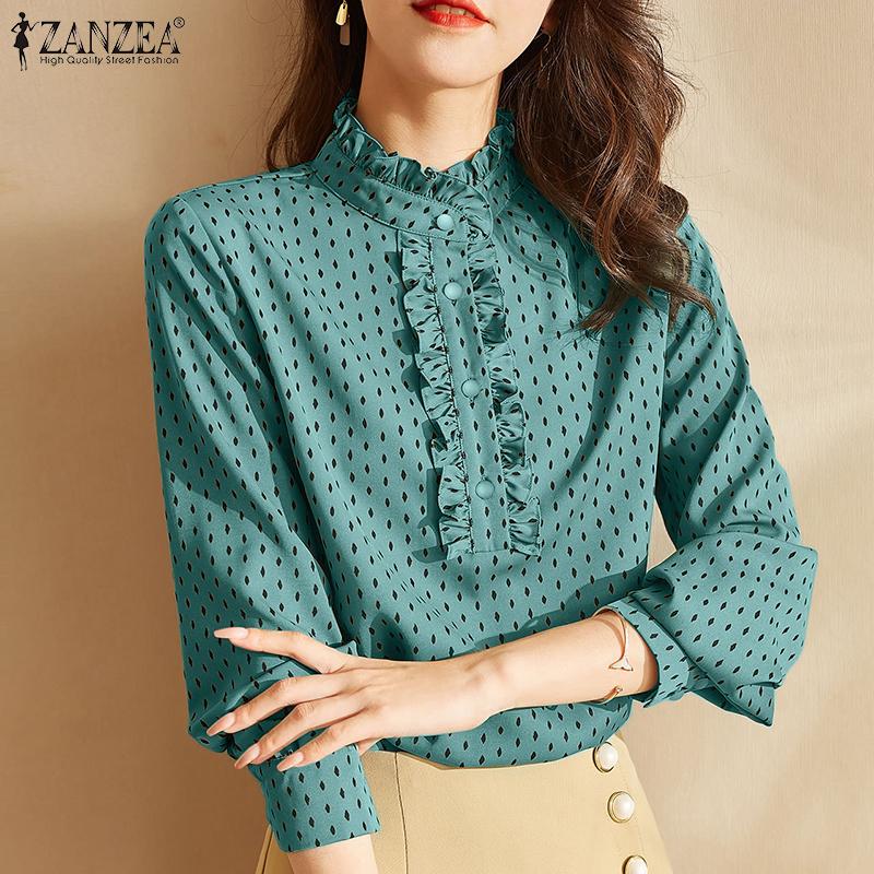 

ZANZEA Женская повседневная блузка с оборками и воротником-стойкой с длинным рукавом и принтом в горошек