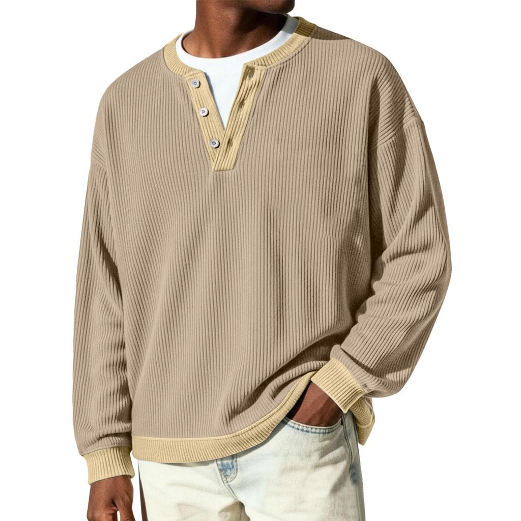 Men's Button-Down Collar Long-Sleeve Ribbed Knit Pullover