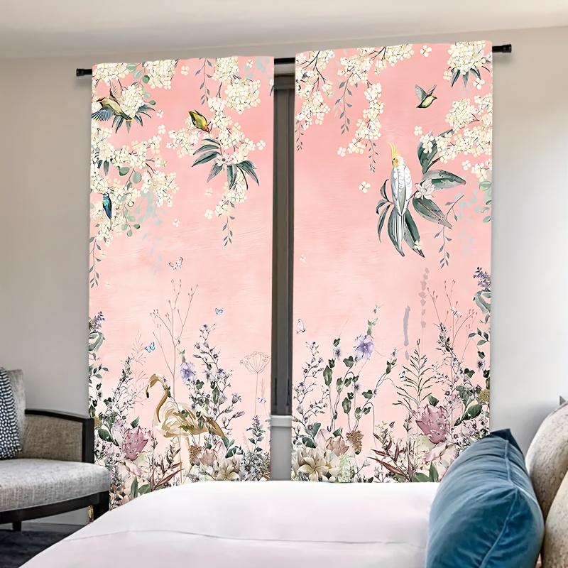 Modern Abstract Floral & Bird Print Pink Curtains - Light Filtering   Machine Washable Polyester Drapes for Living Room   Bedroom