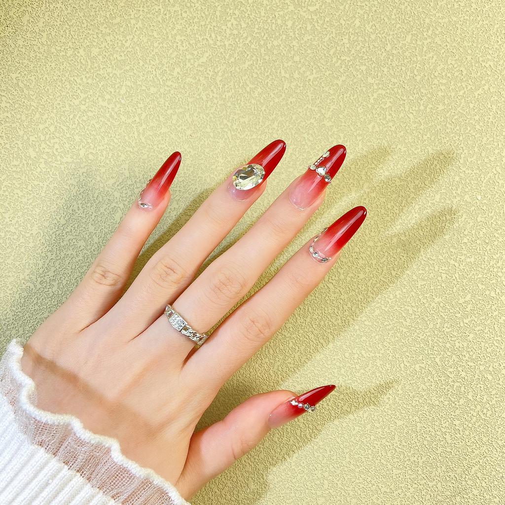 2026 Hot Style Handmade Wine Red Long Oval Press-On Nails with Rhinestones for Festival Celebrations
