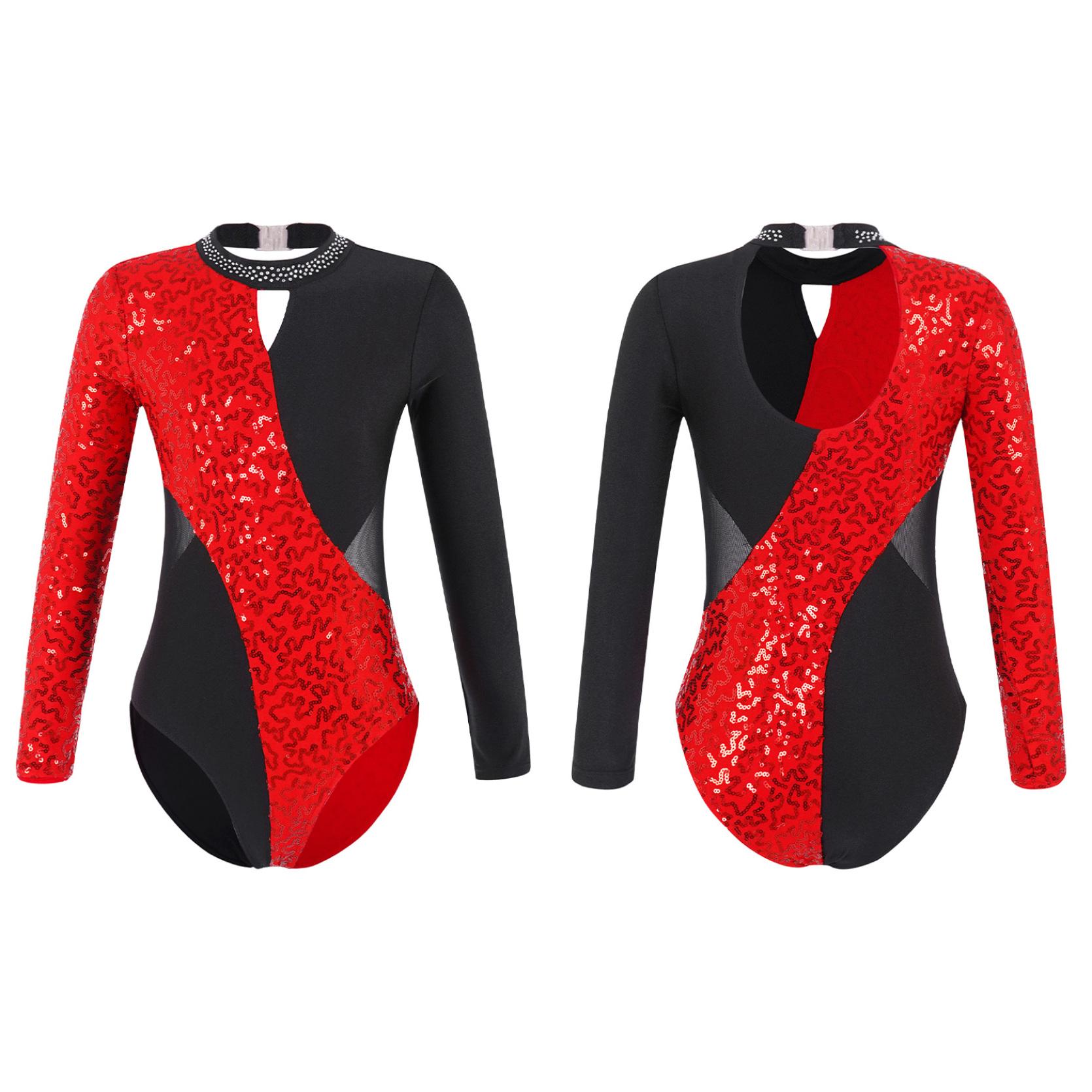 

Детский гимнастический трико с открытой спиной для девочек, боди для фигурного катания с блестящими пайетками и длинными рукавами для танцев 5-6 Years красный