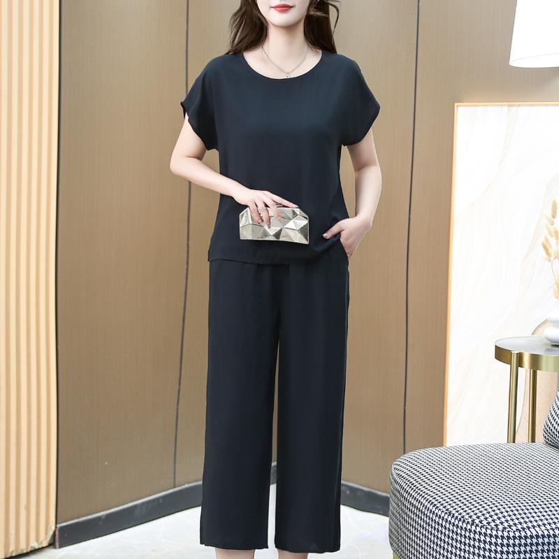 Elegant Women's Two Pieces Set Summer Vintage Clothes Plus Size High Waist Pants Sets