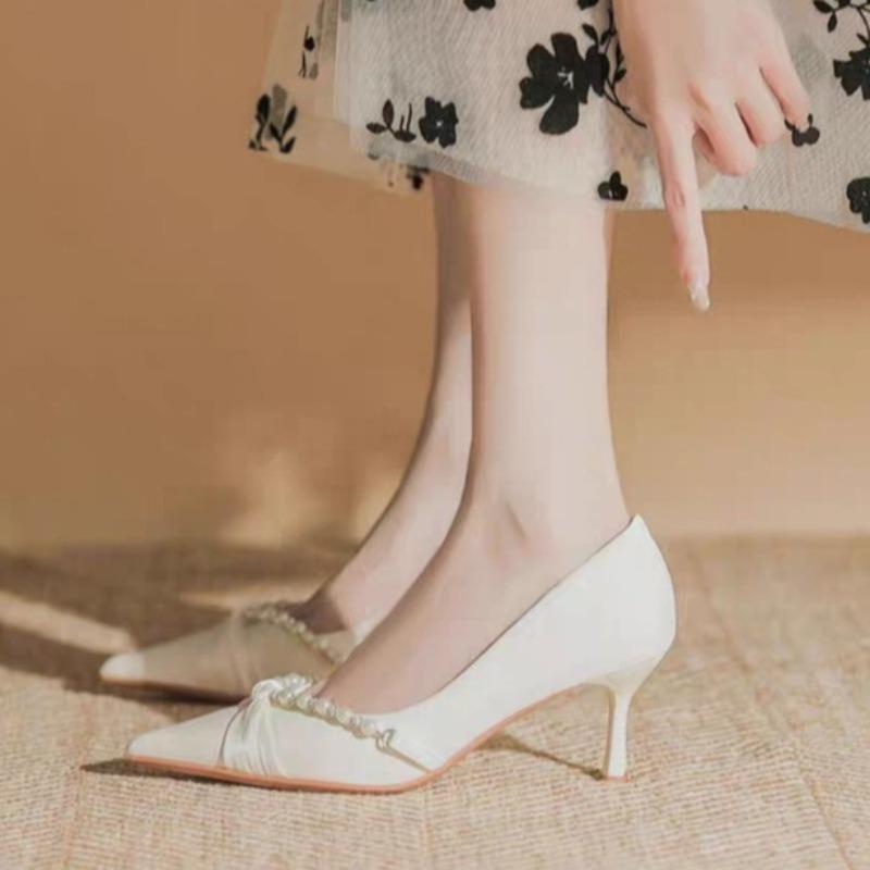 Women's Slip-on Slim Heel Single Shoes Autumn New Pointed Toe Shallow Mouth Beaded Non-Slip Wear-Resistant High Heels
