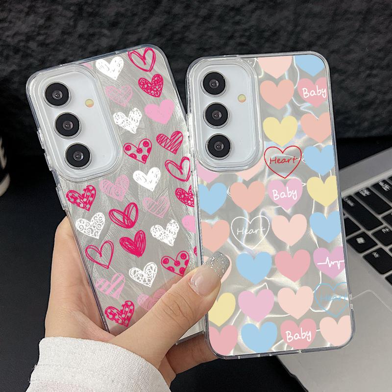 Handyhülle mit Glitzer-Feder-Print und Farbe „Love Hearts“ für Samsung S25 Ultra S24 FE S23 A16 A36 A55 A56 A35 A15, schlanke, stoßfeste PC-Rückseite mit Glitzer
