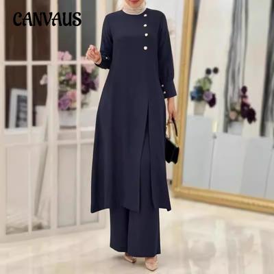 Conjunto Elegante de Duas Peças Feminino Plus Size Cor Sólida Fenda Lateral Camisa Longa Calça de Perna Larga