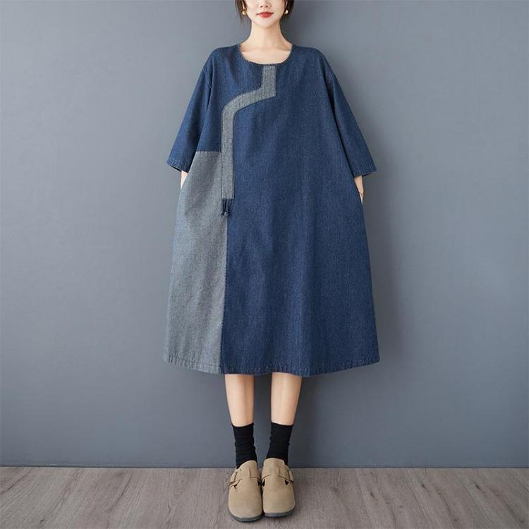 New Vintage Summer Denim Dress Women Plus Size Elegant Loose Blue Maxi Basic Dresses O Neck
