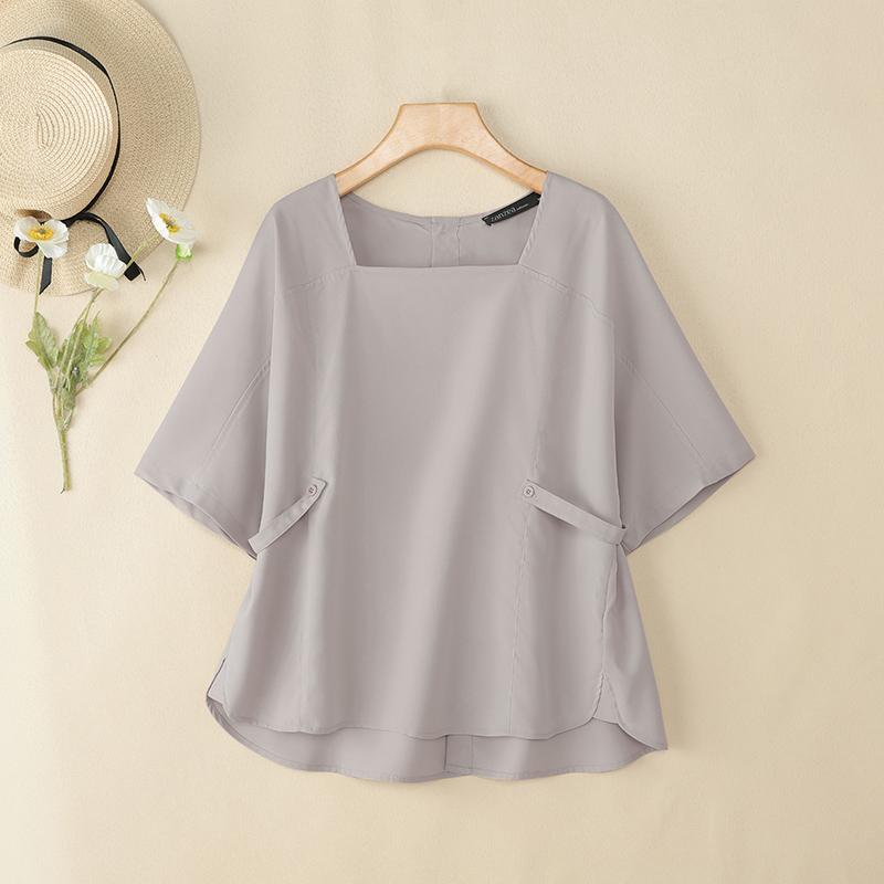 ZANZEA Women Casual Square Collar Summer Short Sleeve Blouse