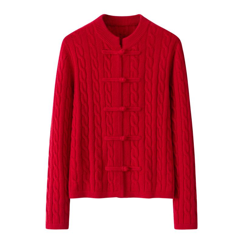 100% Pure Cashmere Red Cable Knit Cardigan - Round Neck, Thick Retro Chinese Style Sweater Coat for Mom.