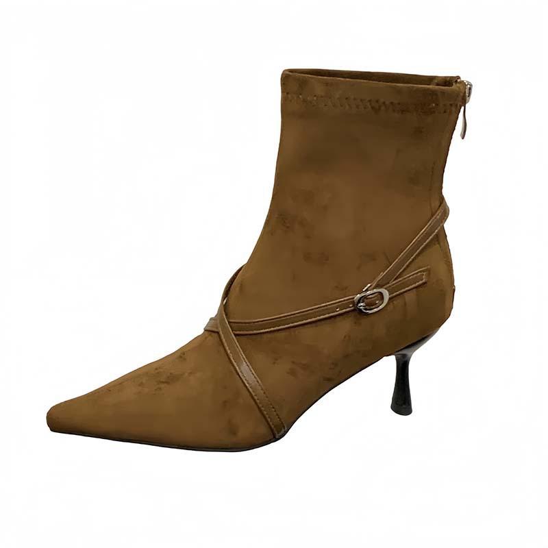 European and American cross belt buckle high-heeled short boots, new suede pointed thin heel rear zipper thin boots in autumn and winter 2025