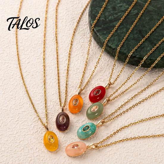 Talos Stone Pendant Necklace, Oval or Hexagonal Charm Geometric Necklace Gift for Her Wife Girlfriend
